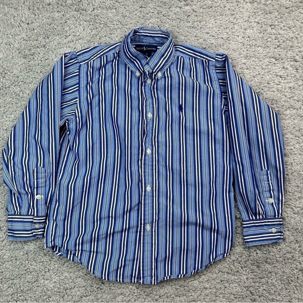 Ralph Lauren Shirt Boys 7 Long Sleeve Button Up Blue White Stripes Pony Classic